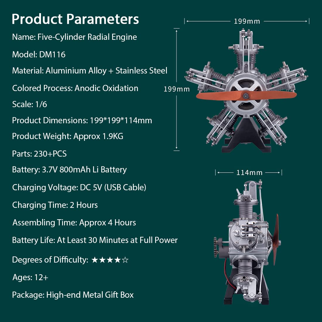 XMBRICDIYY Five-Cylinder Radial Engine Kits That Runs, 1:6 Aircraft Engine Simulation Electric Model Metal Machinery，Metal Mechanical Engine Model Physics Kit for Adults